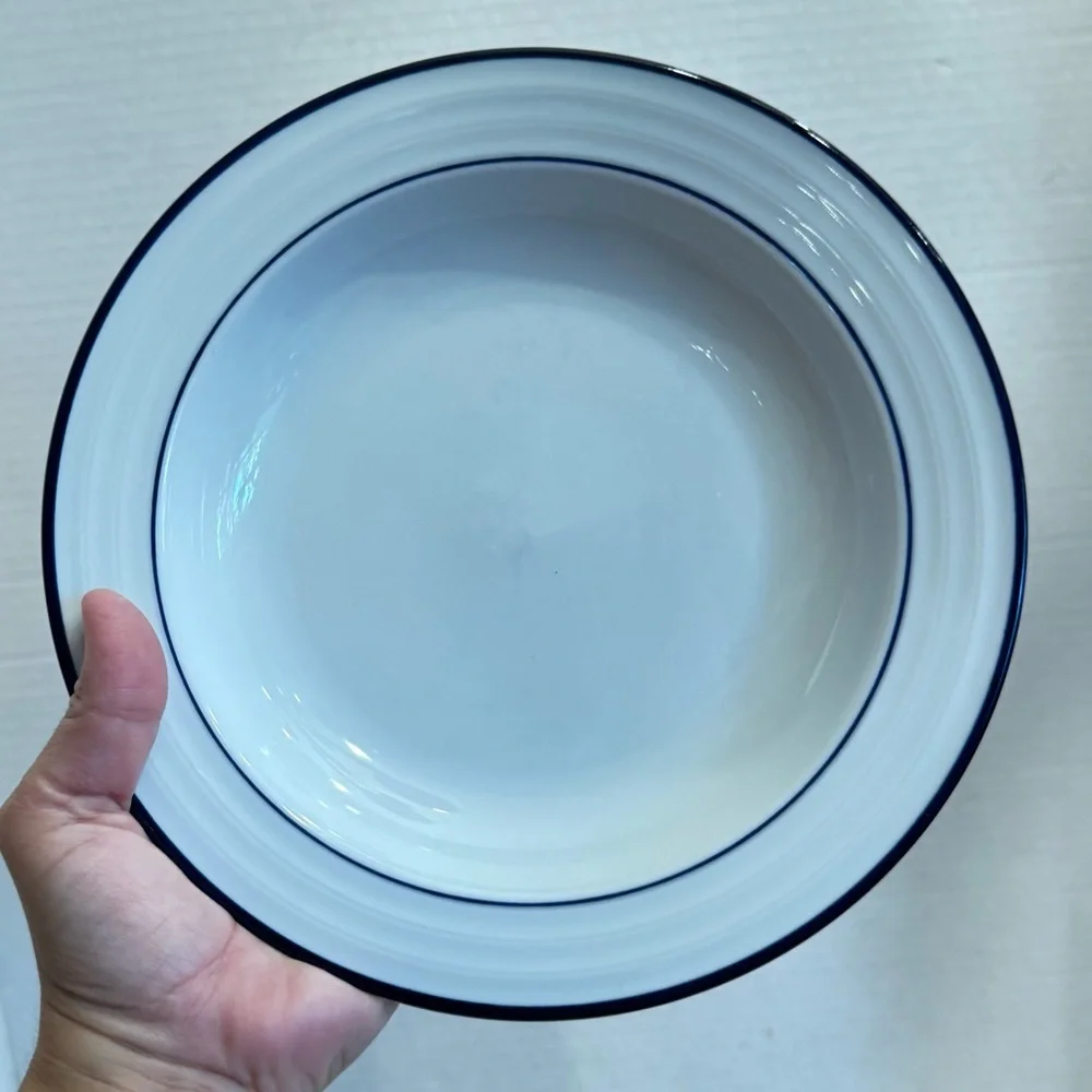 Lot of 2 Crate & Barrel Spal Porcelain Roulette Blue Trim 9” Soup Bowls